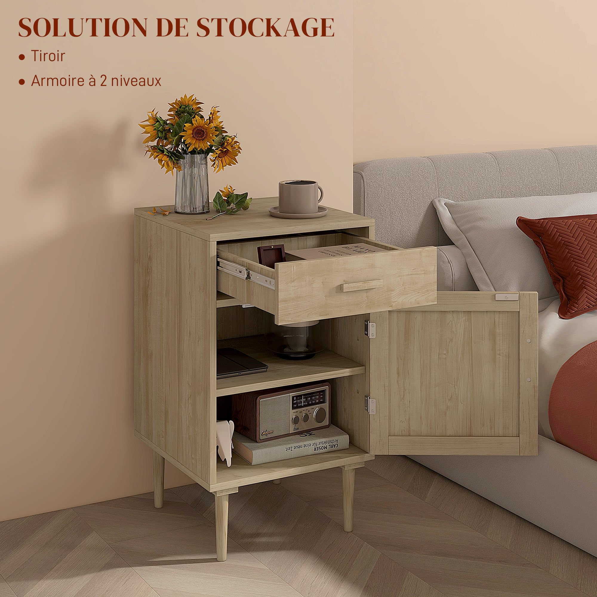 Comodino HOMCOM In Legno Stile Bohémien Con Ante In Rattan E Cassetto - 40x40x68,5 Cm