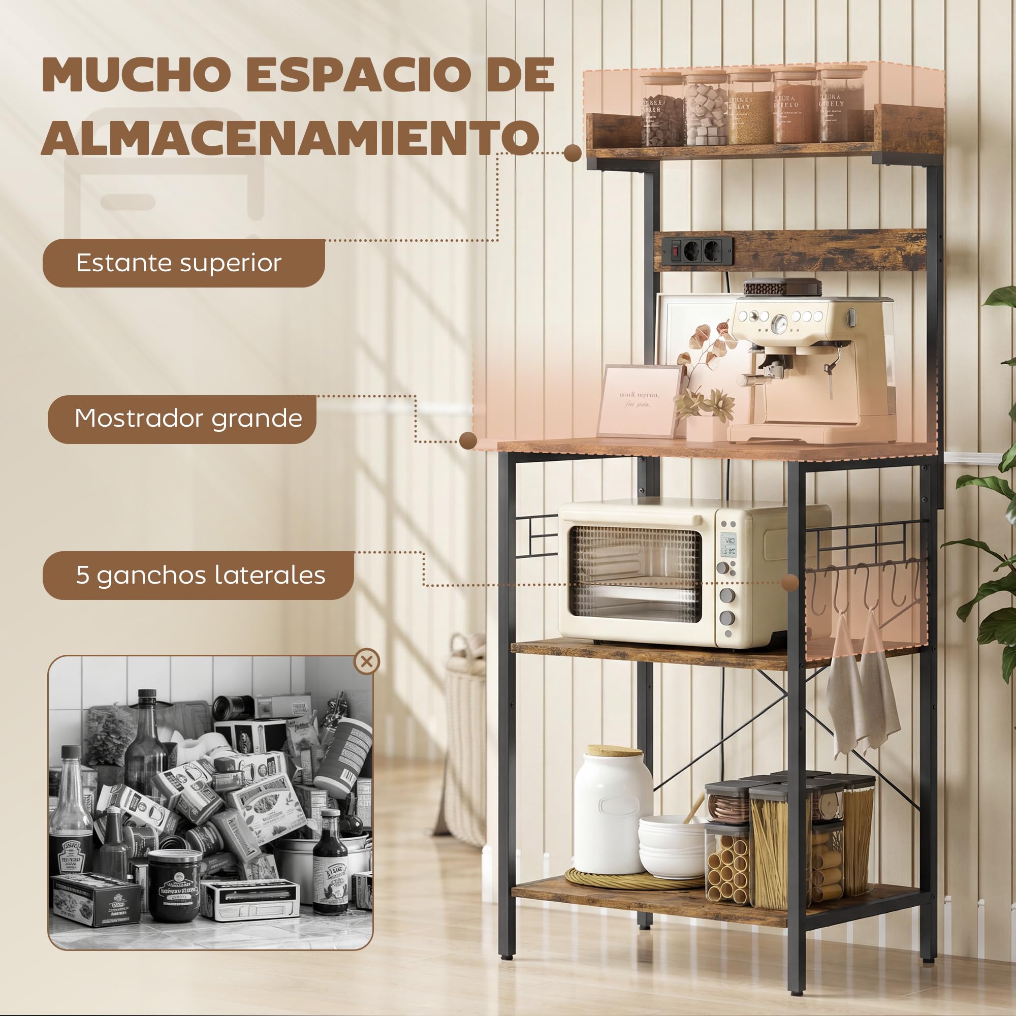 HOMCOM Estantería de Cocina con 2 Tomacorrientes, Estantería de Panadería Industrial con Estación de Café, Estante para Microondas, Estante Ajustable, Ganchos, 60x42x137 cm, Marrón Rústico y Negro