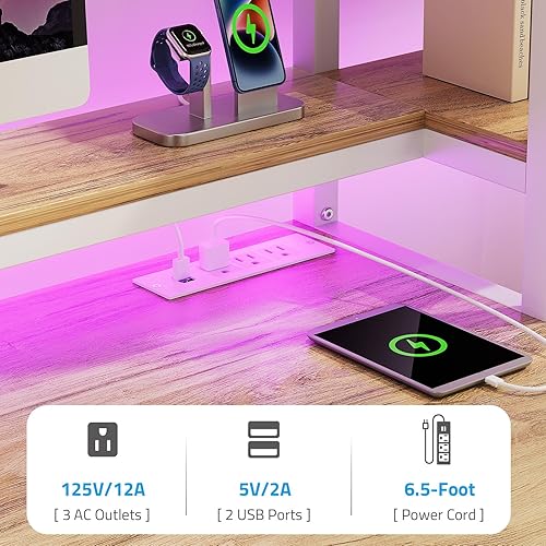 Miniatura 16 de GreenForest Escritorio de oficina con tomas de corriente y estante para impresora, escritorio de computadora de 59 pulgadas con LED y cajón,