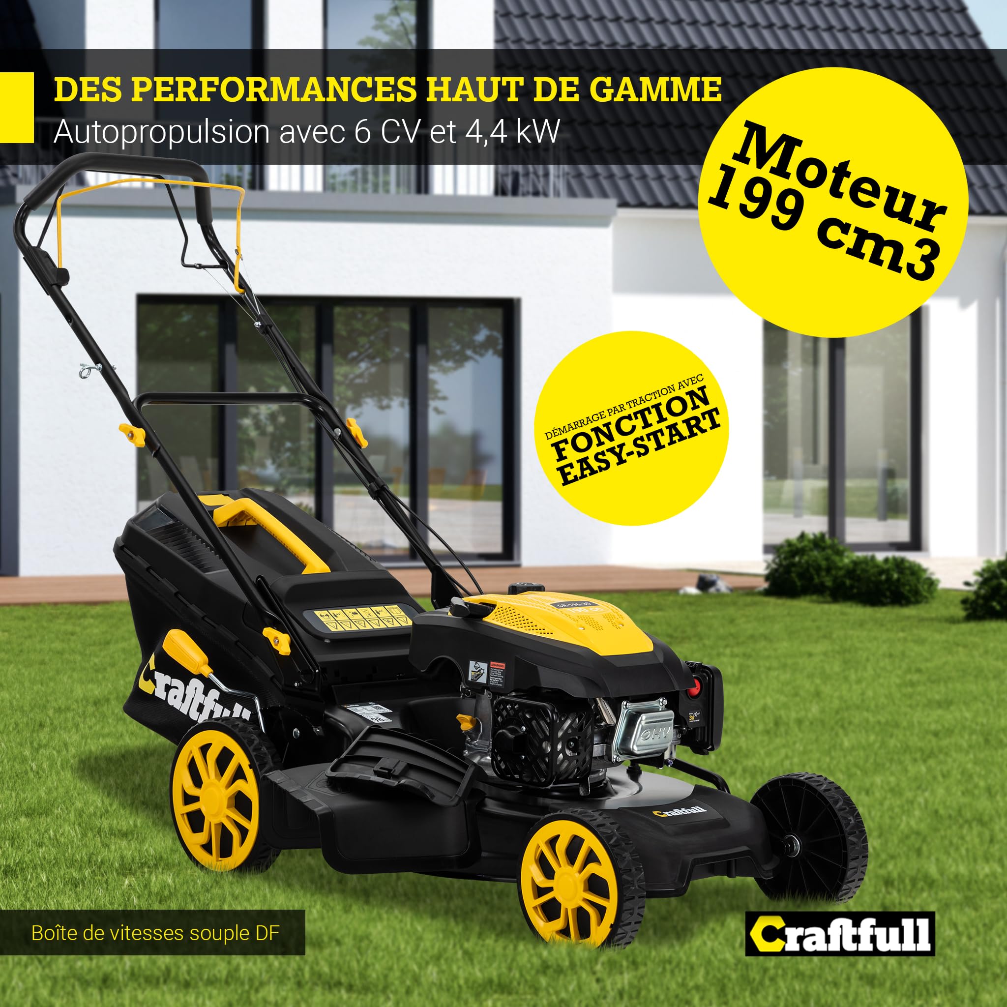 Craftfull Tondeuse à Gazon Thermique CR-196-30 | 4 KW 5,4 CV | Moteur OHV 190 cm³ | Autotractée avec Transmission à Faible Friction (4 KW 5,4 CV Gris)