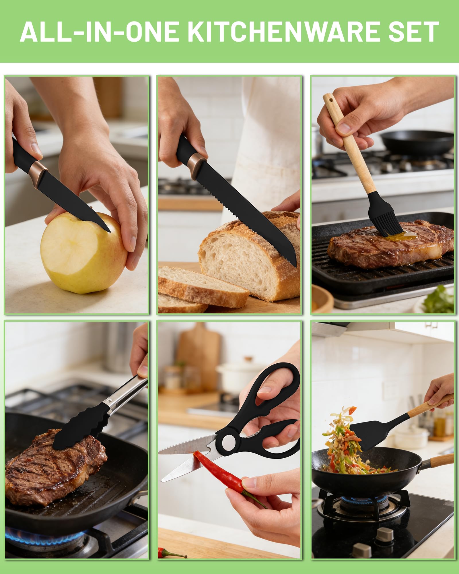 19 Pezzi Set di Coltelli da Cucina - Utensili da Cucina in Silicone con 5 Coltelli per Pentole Antiaderenti, con Scatola di Stoccaggio