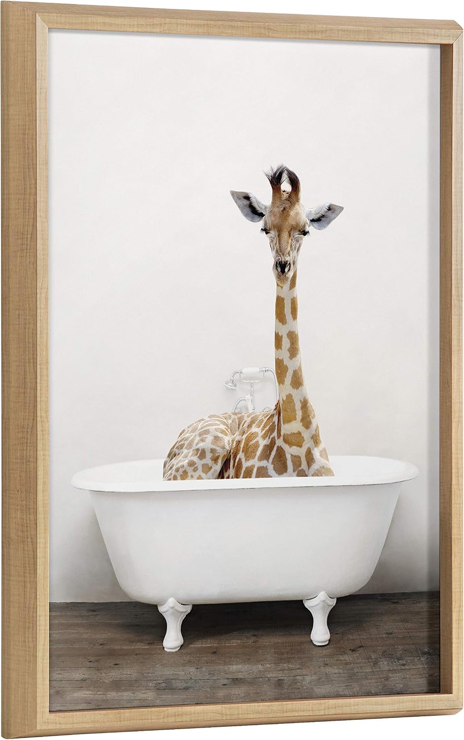 Kate and Laurel Blake Giraffe 2 in Tub Color Framed Printed Glass Wall Art by Amy Peterson, 18x24 Natural, Adorable Animal Art for Wall