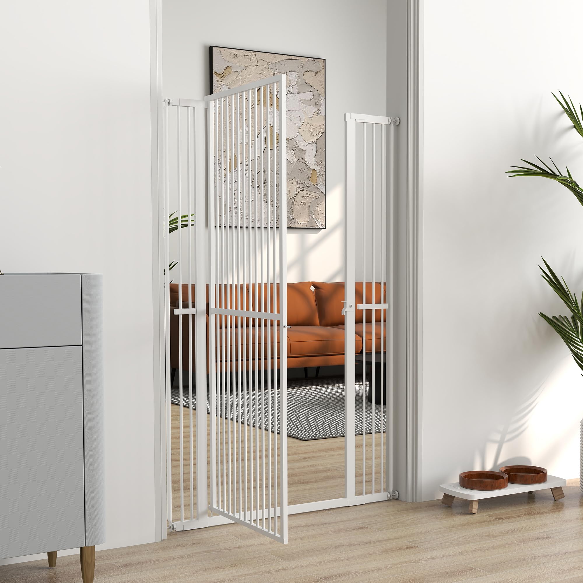 PawHut Barrera de Seguridad para Perros y Gatos Extra Alta 150 cm, Barrera para Perros Extensible 77-104 cm para Puertas y Escaleras, con Montaje a Presión, 2 Extensiones y Puerta de Paso, Blanco