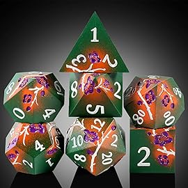 DNDND Metal Dice, 7 PCS Metallic Flowers D&D Dice with Gorgeous Gift Case for DND Dungeons and Dragon Tabletop Game (Army Green and Orange)