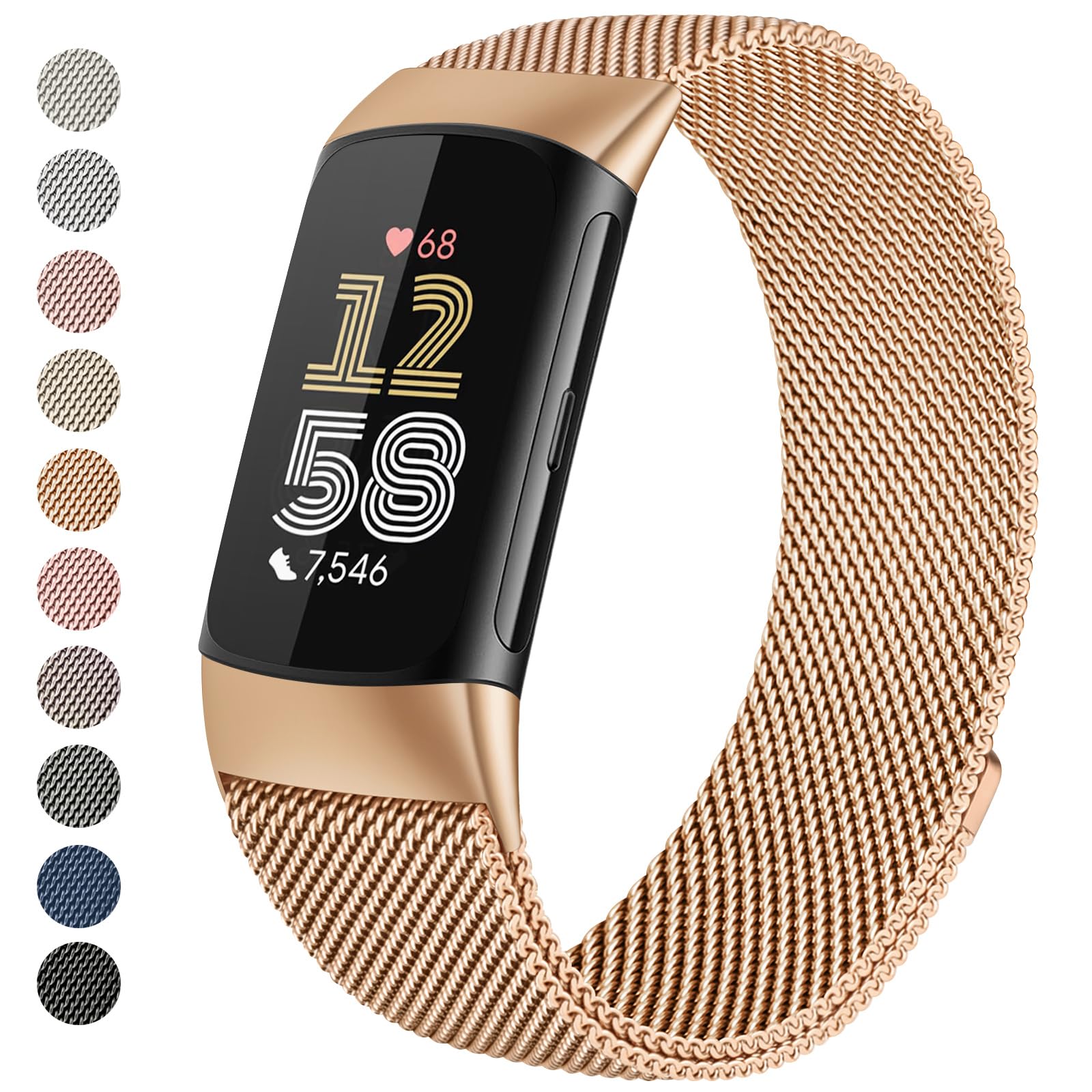 Metal Strap Compatible with Fitbit Charge 6 Strap for Women Men Adjustable Stainless Steel Mesh Loop Replacement band with Magnetic clasp for Fitbit Charge 6 (Rose Gold)