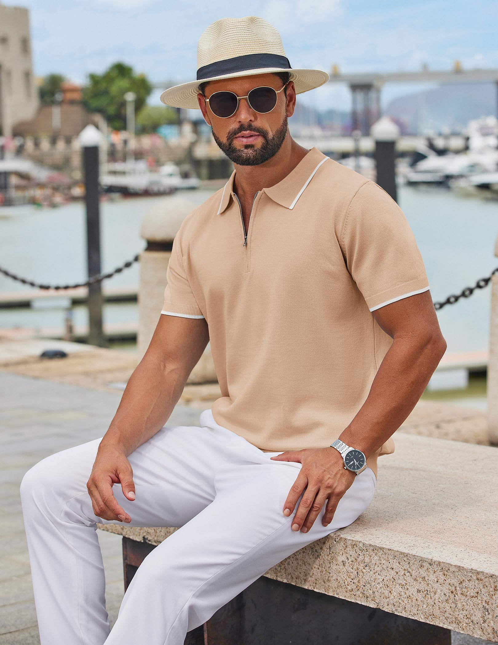 COOFANDY Polo de manga corta con cremallera para hombre, estilo informal