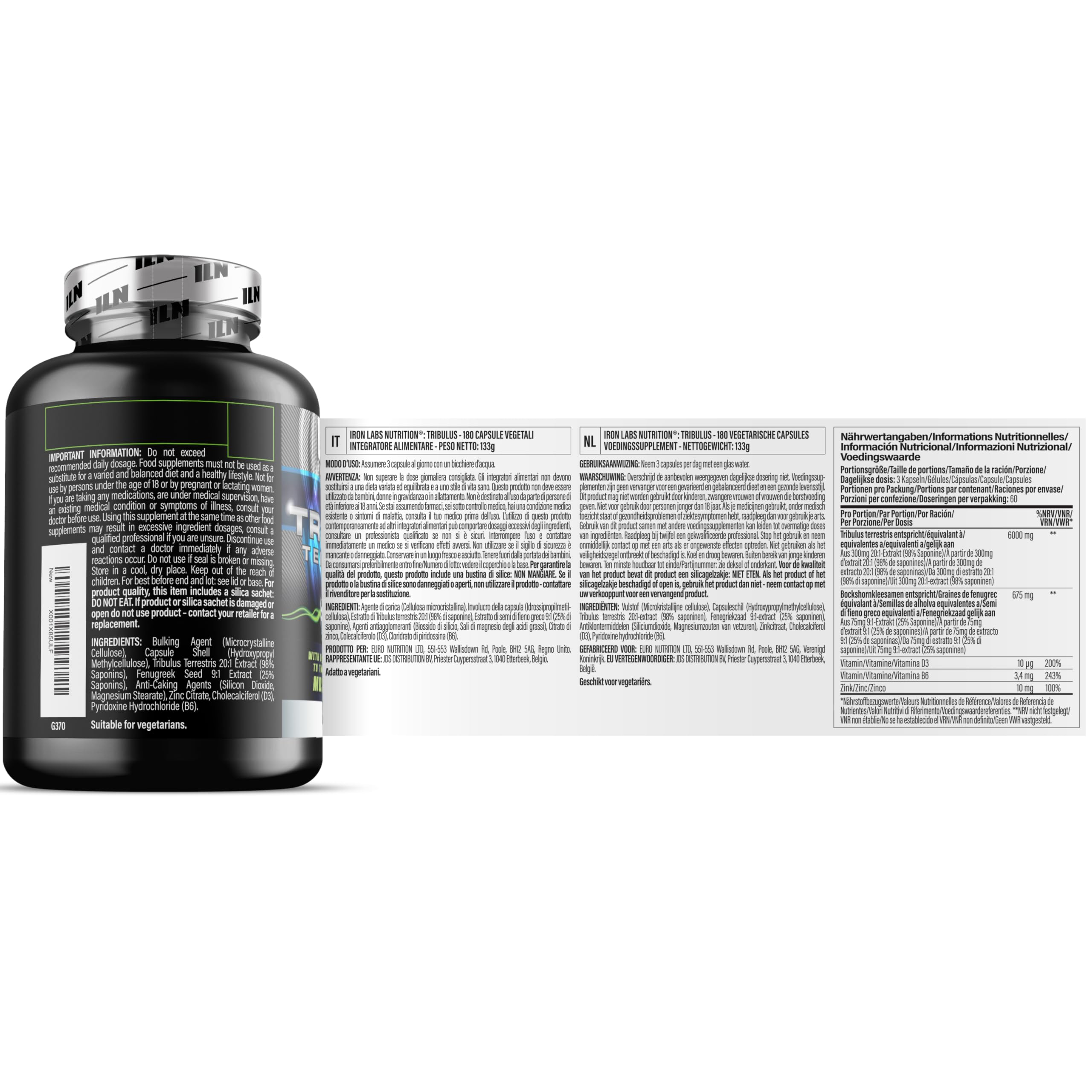 ILN Tribulus Terrestris hochdosiert 6000 mg Äquivalent - 98% Saponine - Kapseln für Männer und Frauen - 180 vegetarische Kapseln
