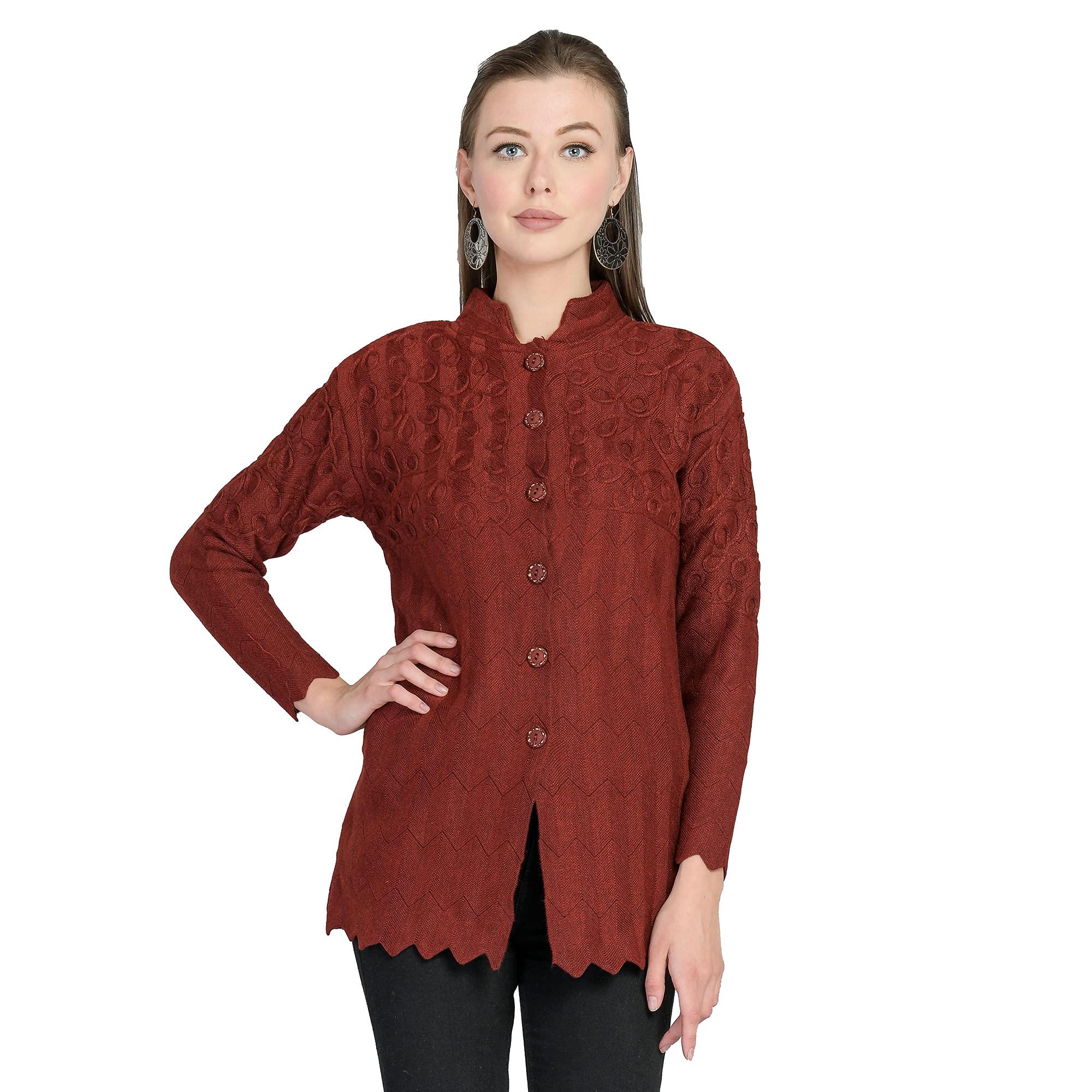 Women's Woolen V-Neck Cardigan with Heavy Front Embroidery Daffodil Fabric, Winter Wear, Pure Wool, Free Size, Long, Fully Warm Cardigan with Side Pockets-image-21