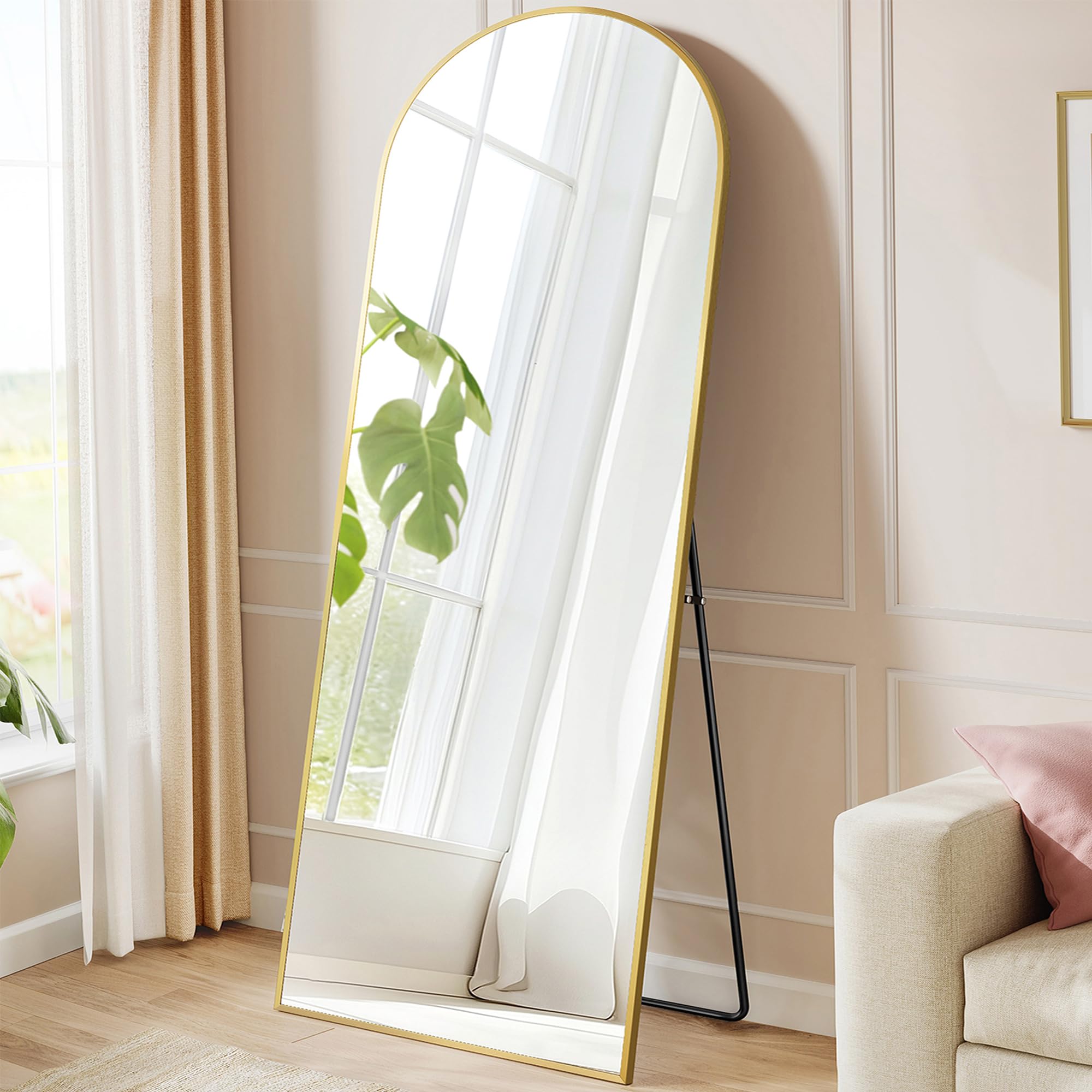 Songmics Pale Gold Full Length Mirror, 165 X 60 Cm, Arched Full Body Mirror With Stand, Aluminium Alloy Frame Floor Mirror, Tempered Glass, For Bedroom, Living Room, Cloakroom, Lfm039ab01