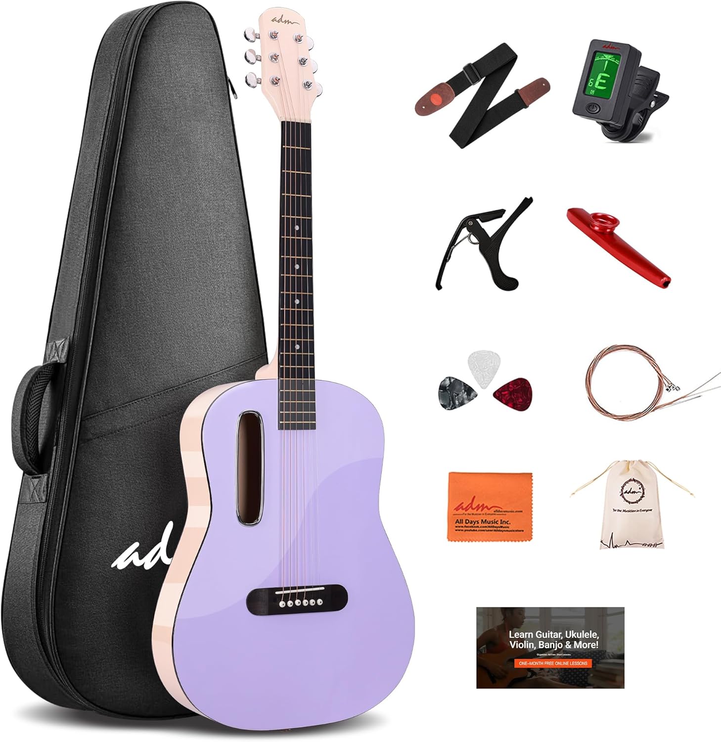 ADM Acoustic Guitar Kits for Beginners Adults - 38" Steel-String Guitars Bundle with Online Lesson Wooden Bowl Guitarra Starter Set Package with Bag, Strap, Picks, Capos, Kazoo, Purple