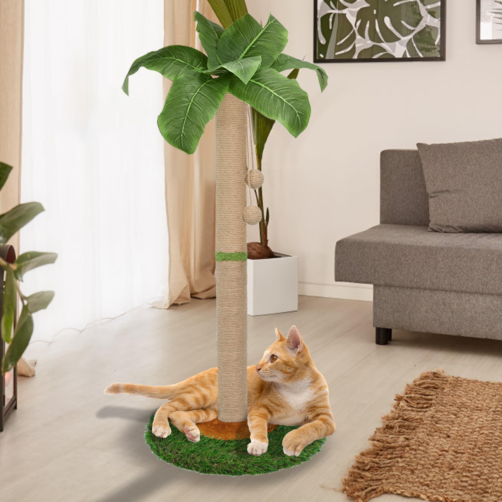 Poste rascador para gatos y gatitos de interior – Poste rascador para gatos de 60 cm de alto con cuerda de sisal, poste rascador para gatos de palmera con bola colgante (80 cm)