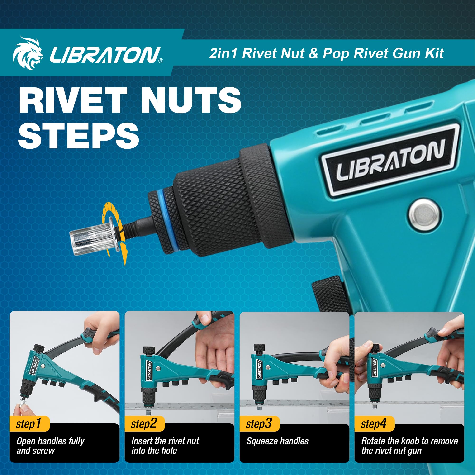 LIBRATON Kit de Remachadora de Tuercas y Remaches 2 en 1, con 4 Mandriles (M3-M6), 4 Boquillas (2.4-4.8mm), 40 Tuercas y 200 Remaches, Remachado Ajustable para Bricolaje y Reparaciones, con Caja