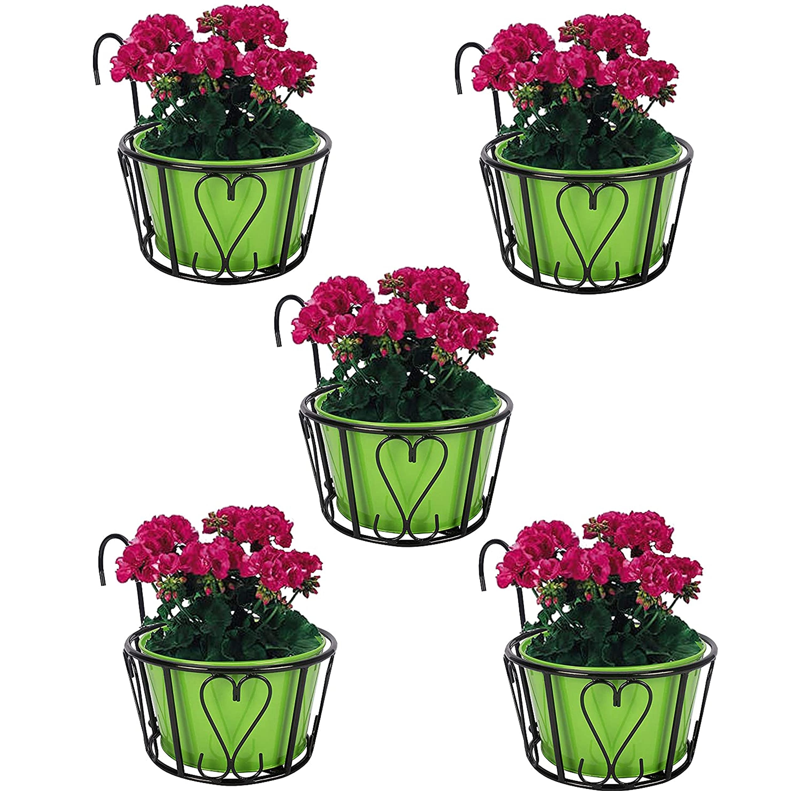 M/S LIVING IMAGE INTERIOR EXTERIOR Black Metal Railing Round Basket-Basket Size- Top Diameter 23 cm, Height with Handle 25.3 cm and Height- 12.5 cm (Set of 5)