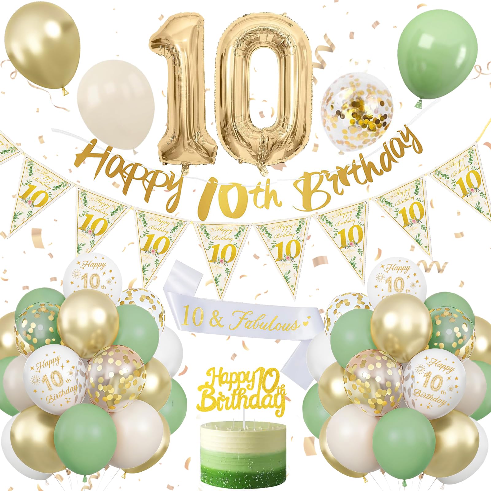 10th Birthday Decoration Sage Green, Green White Gold Birthday Decorations for 10 Year Old, Number 10 Balloons with Banner, Cake Decoration for Boy and Girl, 10 Year Old Birthday Decoration
