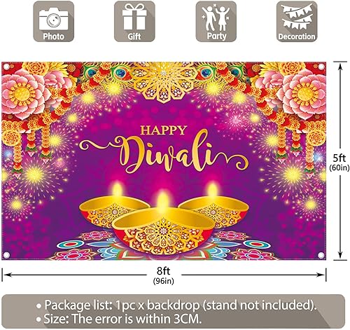 Miniatura 3 de YCUCUEI Telón de fondo de tela púrpura de 96 x 72 pulgadas Happy Diwali Festival de Luces India Festival de Luces Fondo de fotografía Floral Pluma