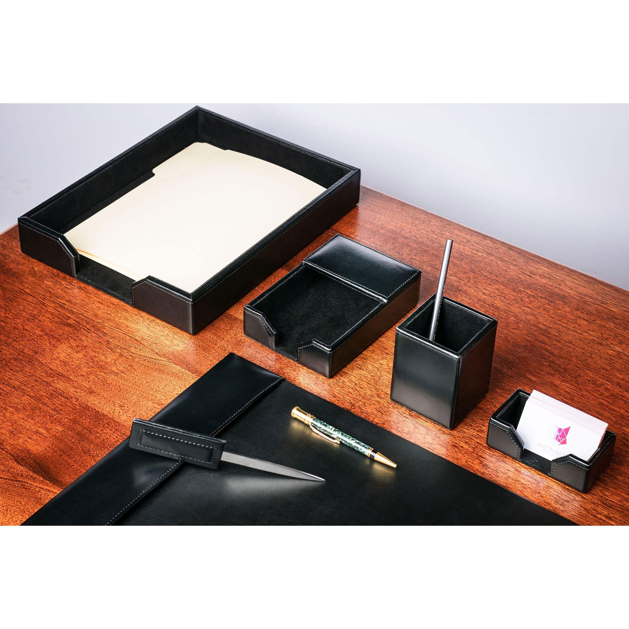 Dacasso Set di 6 accessori da scrivania in pelle rigenerata nera – Sottomano da scrivania & Organization Essentials