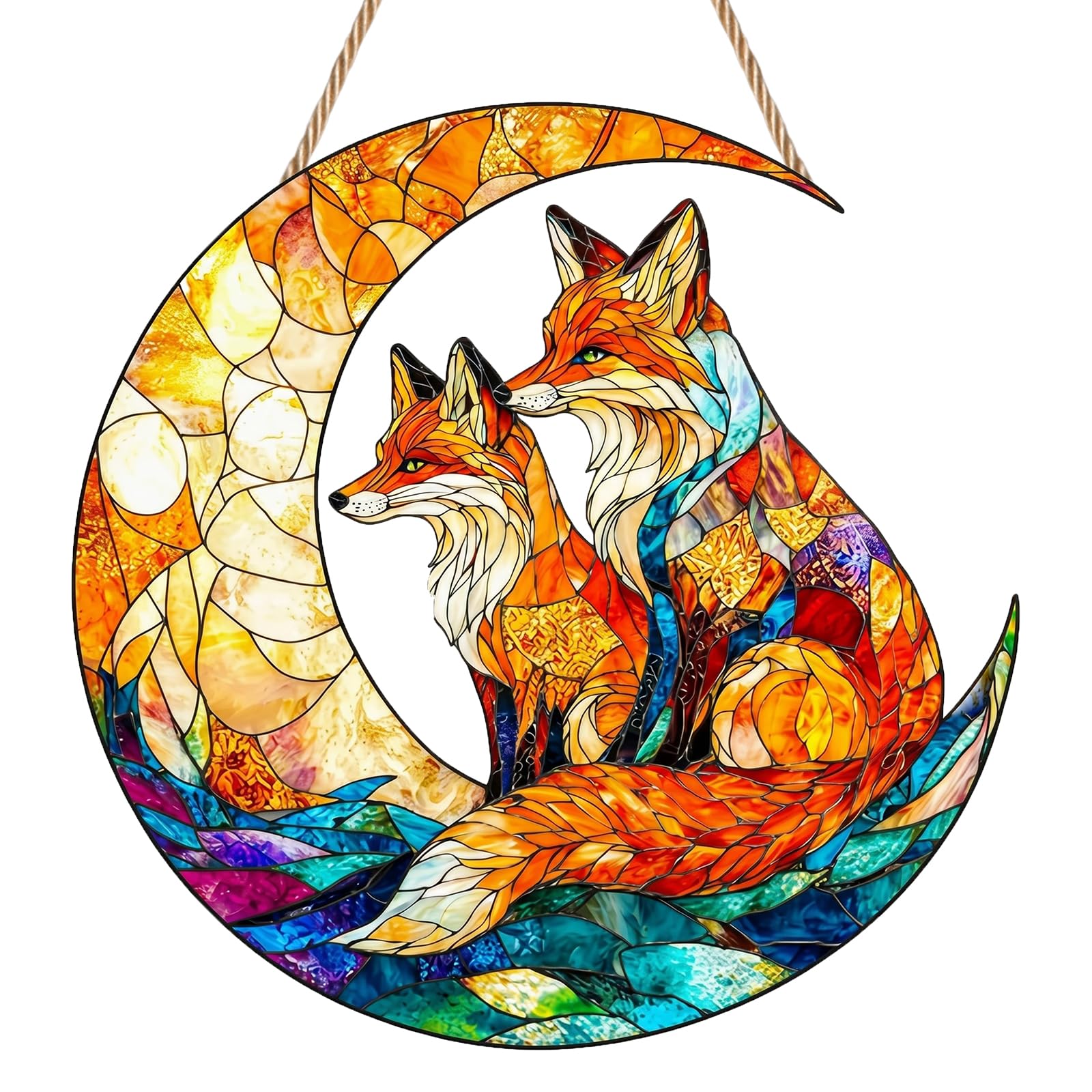 Fox Moon Sun Catcher, Mysterious Hanging Ornaments with Chain, Stain Glass Suncatchers for Windows, Walls & Garden Decor, Charming Fox Gifts for Coworkers, Neighbors and Fox Enthusiasts