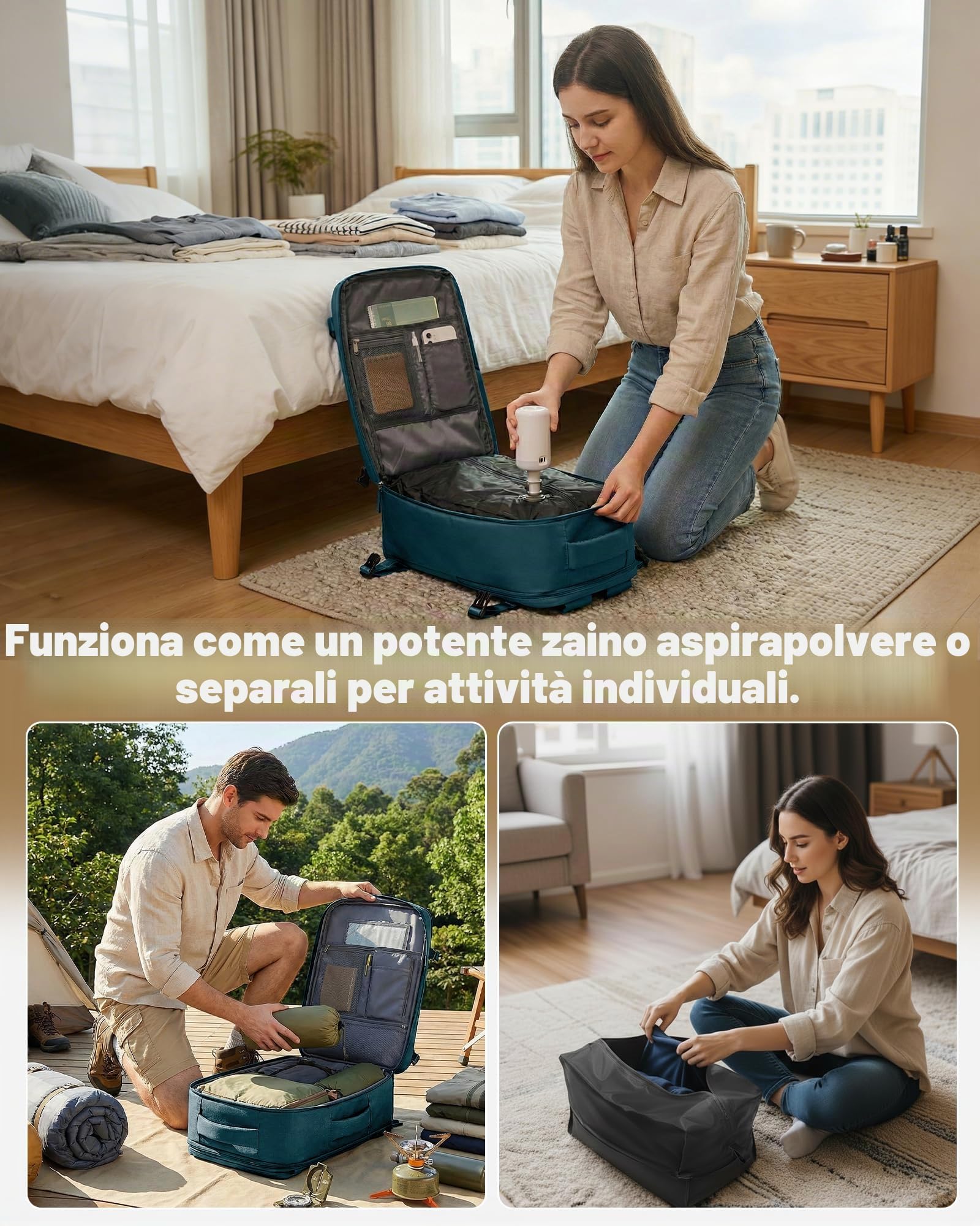Zaino Sottovuoto Viaggio 40X30x20 Ryanair,Aereo Bagaglio a Mano con Pompa Sottovuoto,Capiente Borsa Porta Pc Impermeabile Donna/Uomo Borsa da Cabina Zaini (Blu pavone)