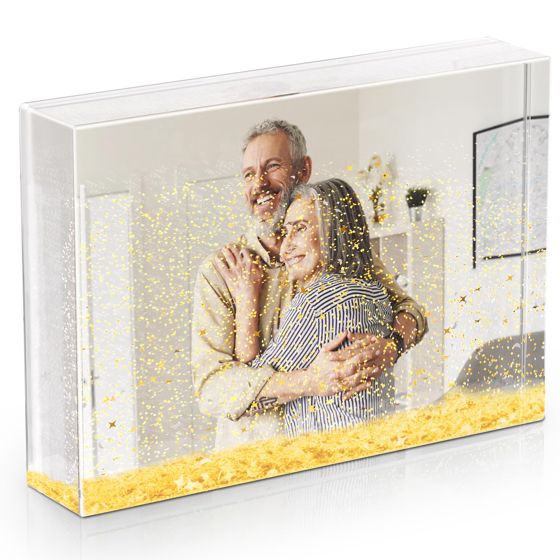 Glitter Liquid Photo Frame, Clear Plastic Acrylic Floating Sparkle Water Personalized Snow Globe Photo Frame Cute Family Couple Custom Gift (Gold, 4x6'')