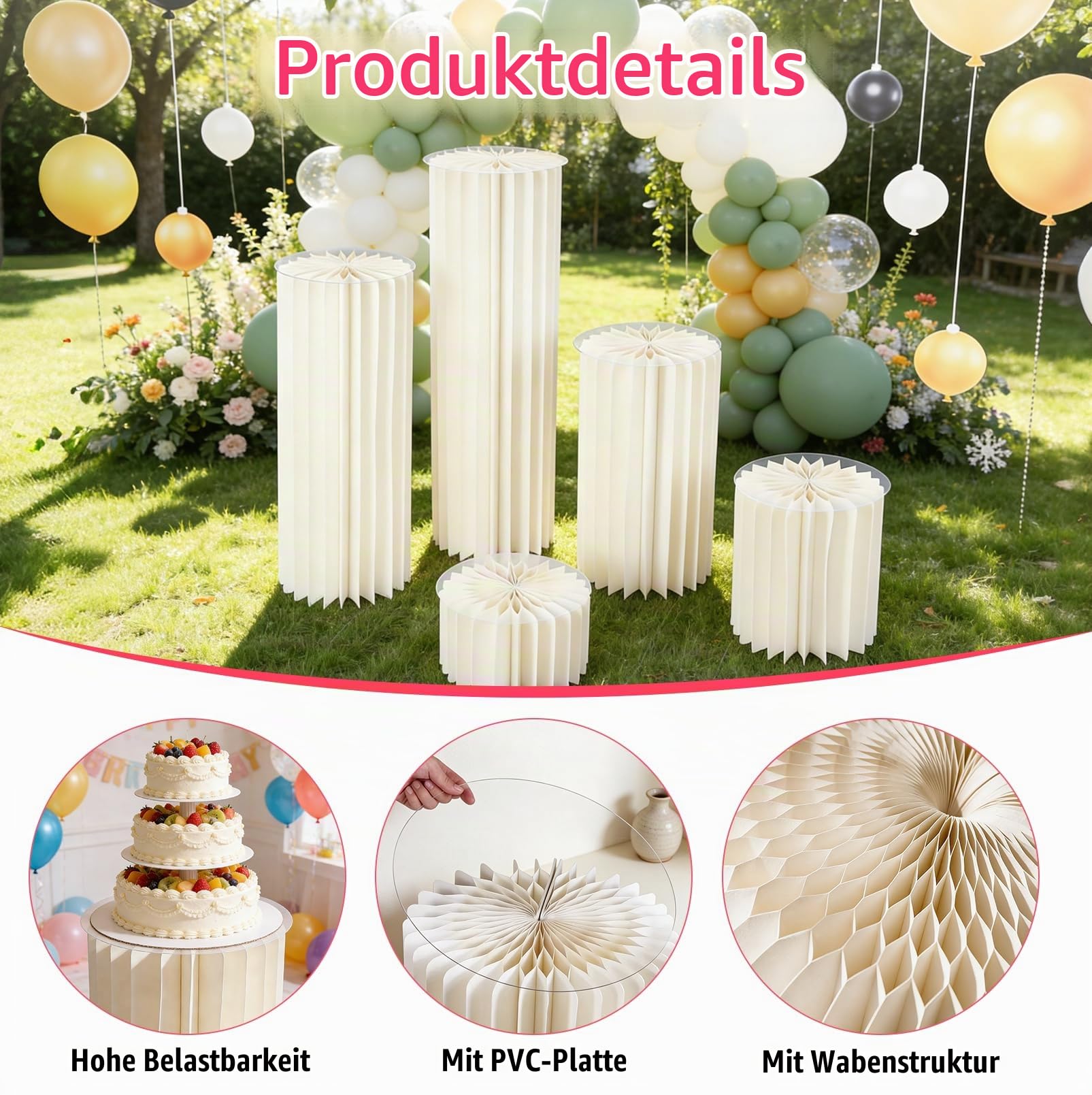 5 Stück Faltbare Papiersäulen, Hochzeit Karton Vasen, Zylinder Basisanzeige | (Durchmesser 30cm,Höhe 20,40,60,80,100cm),Karton Blumensäule für Verlobung Geburtstag Tischdekoration Hochzeiten Dekoration