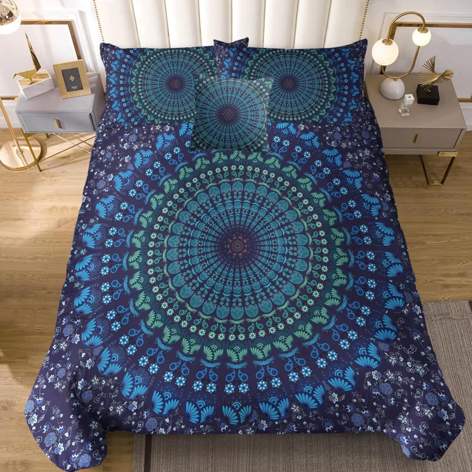 Mandala Duvet Cover Set, Boho Chic Mandala Bedding Set 2/3pcs Soft Microfiber Decorative Gold Mandala Comforter Cover with Zipper Closure,B,Twin(68" x 86")