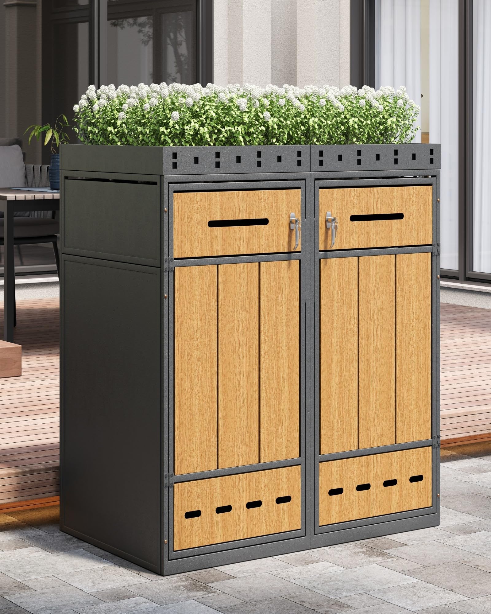 KOMHTOM 240L Cache Poubelle Extérieur Double 2 Bacs en Acier, Abri à Poubelle avec Design Bois Naturel, Planteur Intégré, Sécurité Clé et Durable, Design Bois (2, Gris-2)