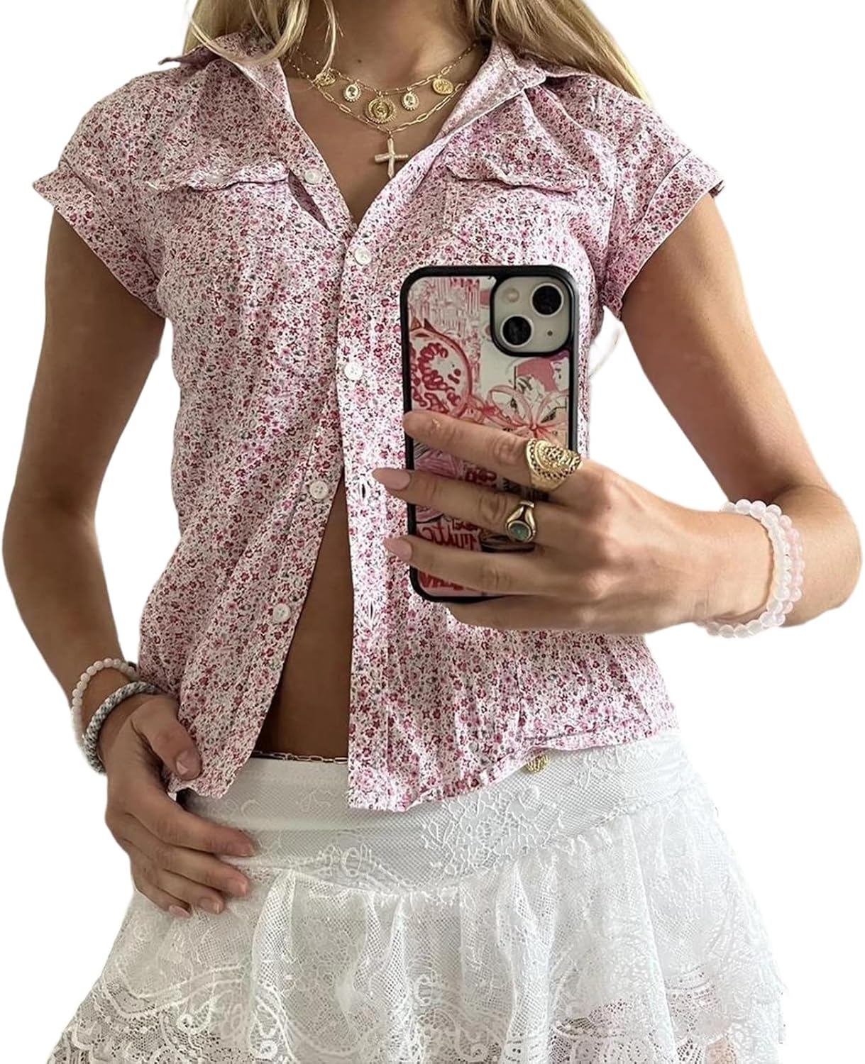 Y2k Button Up Shirt Women Short Sleeve Coquette Preppy Top Cute Vintage Button Down Slim Fitted Crop Gingham Blouse