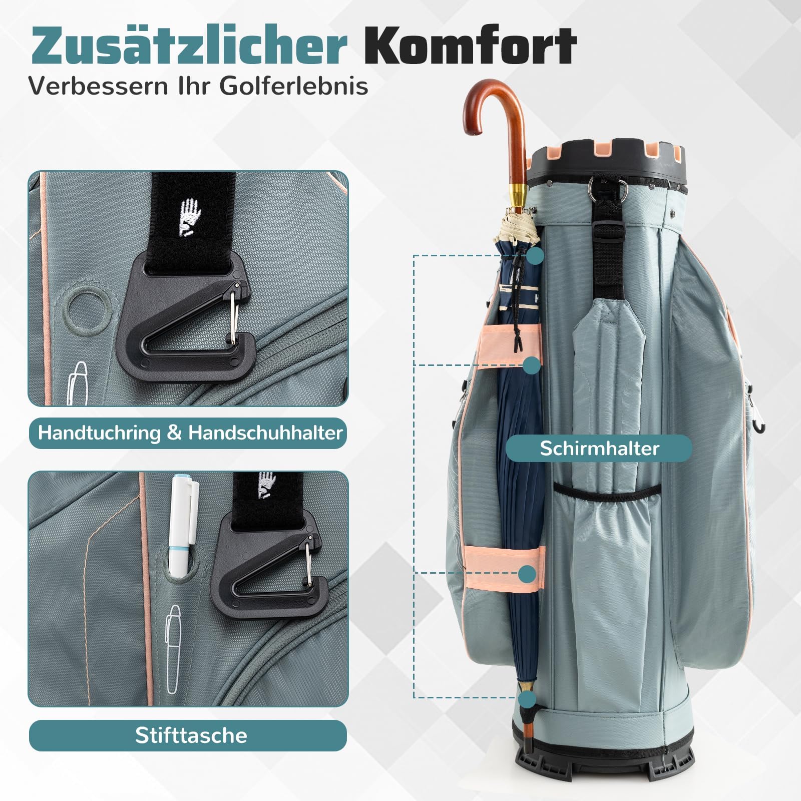 COSTWAY Golfbag, leichtes Golf Cart Bag mit 14 er Unterteilung & Tragegurt, tragbare Golftasche mit Regenhaube & 11 Taschen, Golf Cartbag wasserabweisend für Herren & Damen
