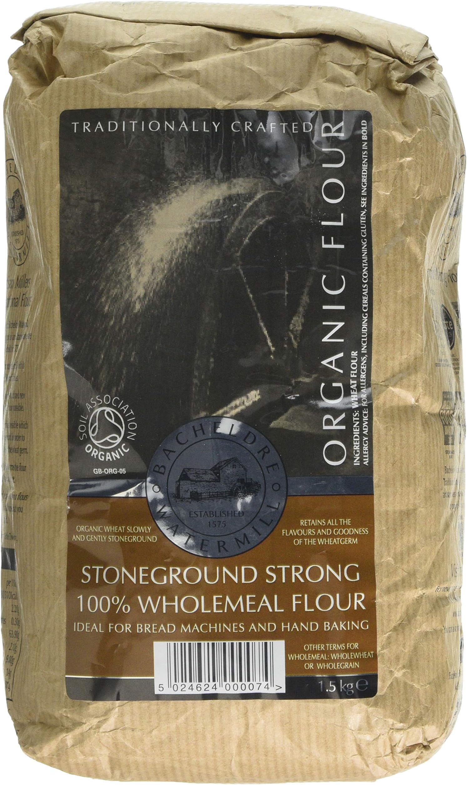 Bacheldre WatermillOrganic Stoneground Strong 100% Wholemeal Flour 1.5 kg (Pack of 5)Soil AssociationSoil AssociationSoil Association