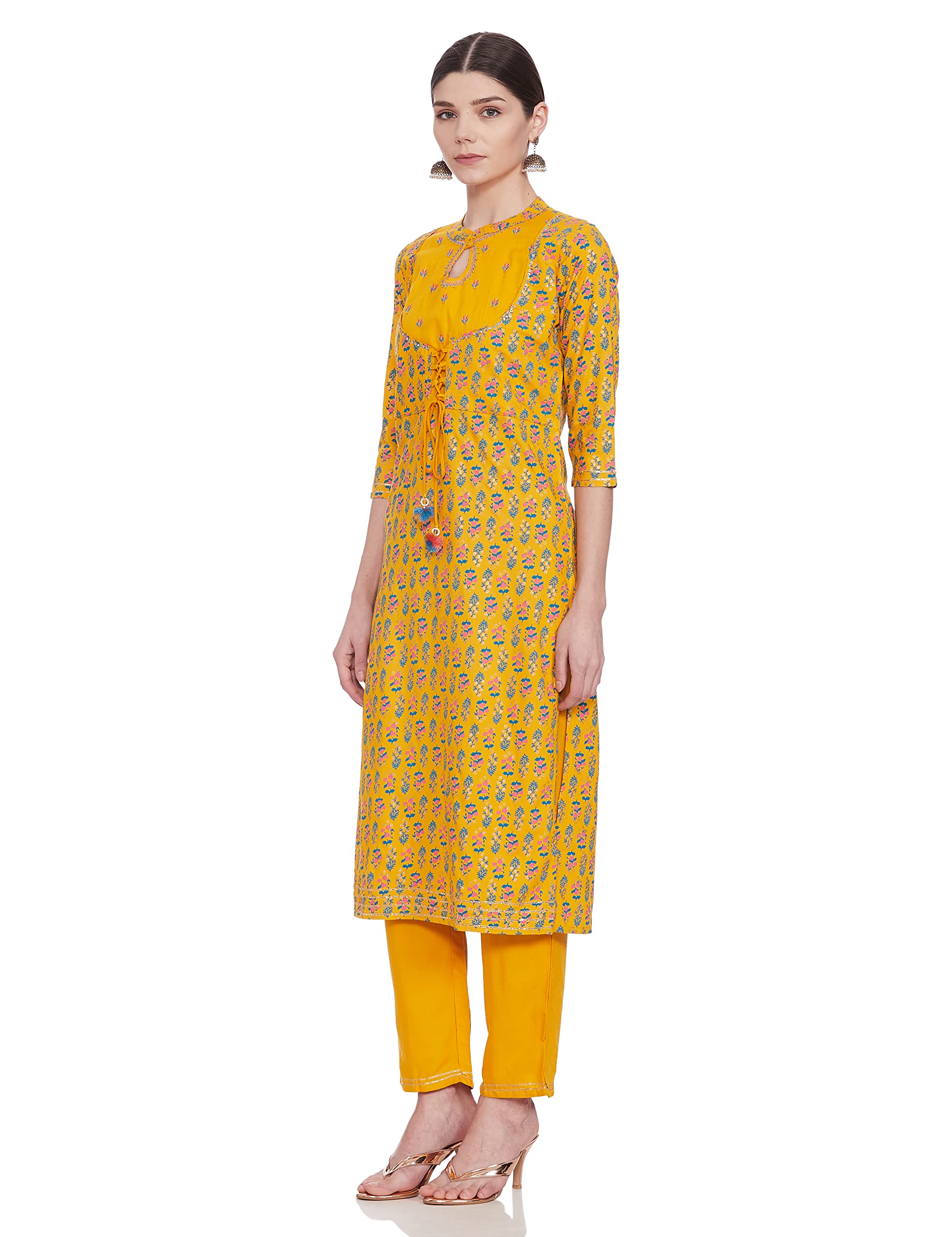 Anubhutee Women's Cotton Yellow Floral Printed Straight Kurta Suit Set With Pants