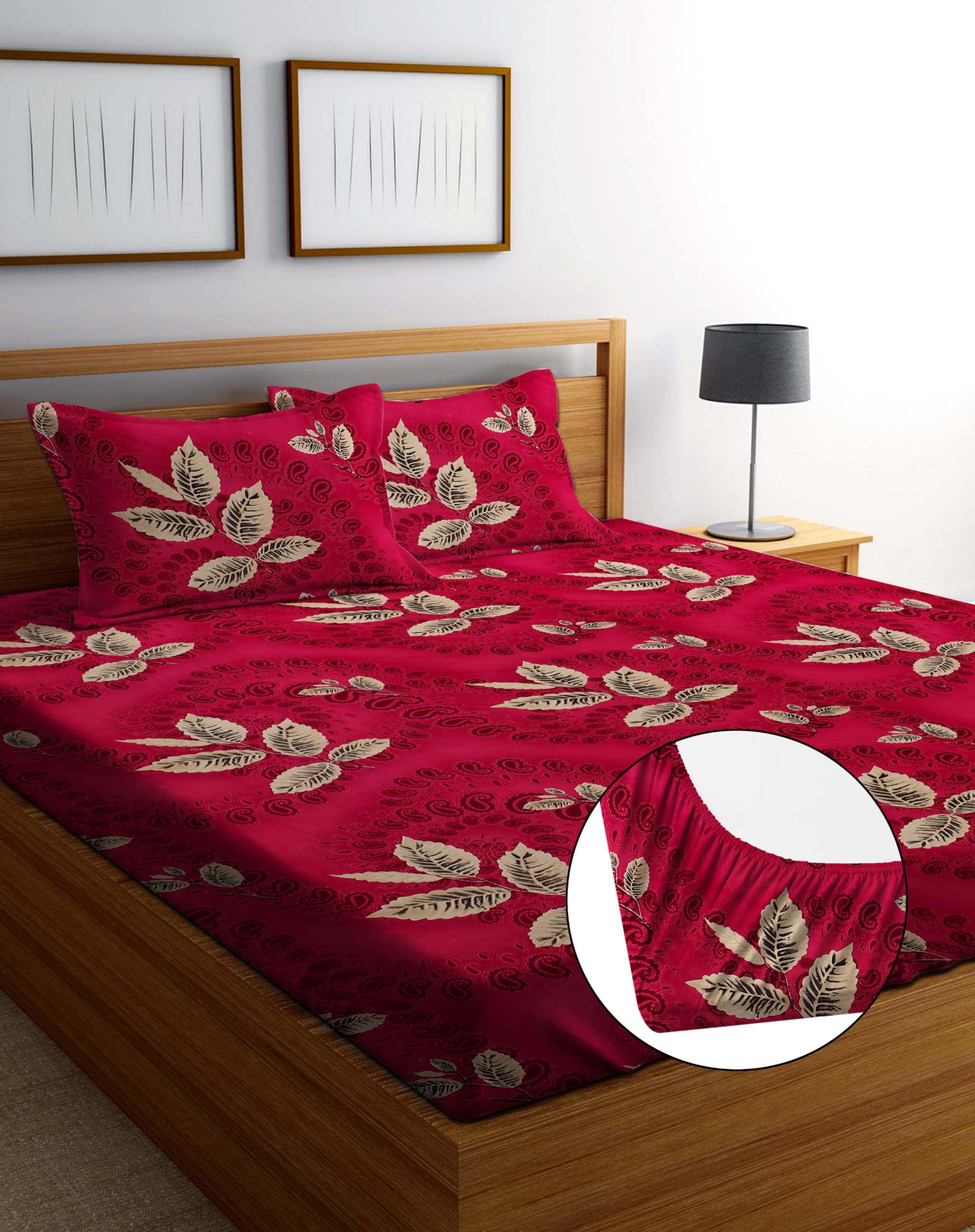 Amrange® Presents Premium Glace Cotton King Size Elastic Fitted Bedsheet with Two Pillow Covers, 72x78x8 Inches (Leaf) (B0CR3STB4H) Amazon Price History, Amazon Price Tracker