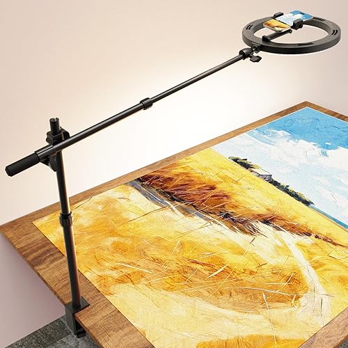 Ring Light Overhead Phone Camera Mount for Desk Tripod - 10" Ring Light with Stand - Sturdy Selfie Ringlight with Clamp for Artist, Drawing, Video Recording, Live Streaming, Content Creation - 10in