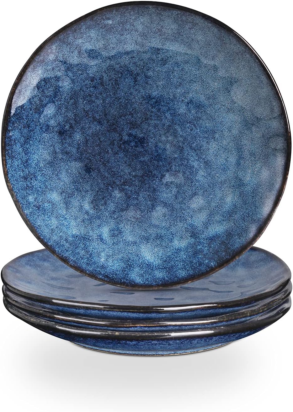 Porcelian Round Dessert Plate, 20.3 cm, Microwave, Oven, Dishwasher Safe, Scratch Resistant, Porcelain Fluted Suitable for Salad, Fruit, Snack, Home, Party, Set of 4 (Coral Blue)