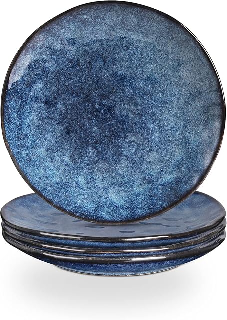 vicrays Porcelian Round Dessert Plate, 20.3 cm, Round, Microwave, Oven, Dishwasher Safe, Scratch Resistant, Porcelain Fluted Suitable for Salad, Fruit, Snack, Home, Party, Set of 4 (Coral Blue)