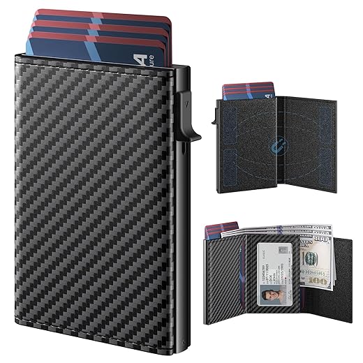 typecase Mens Wallet Card Holder: Pop Up Aluminum Case, Carbon Fiber Leather, Smart, RFID Blocking, Slim, Minimalist, Front Pocket - 9-14 Capacity | ID Window | Cash Slot (Black)