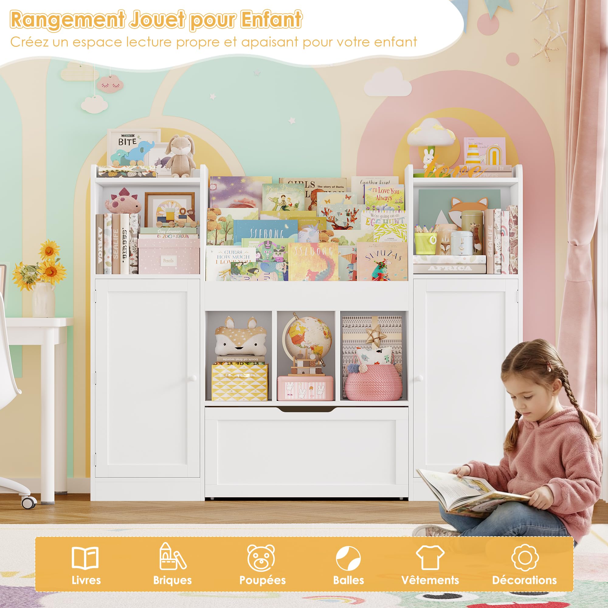FOREHILL Meuble Rangement Enfant Bibliothèque Enfant 140x30x108.2cm, Blanc | Rangement jouet enfant et livres, 10 rangement derrière 2 portes, 1 grand tiroir roulant, Bibliothèque enfant salle de jeu
