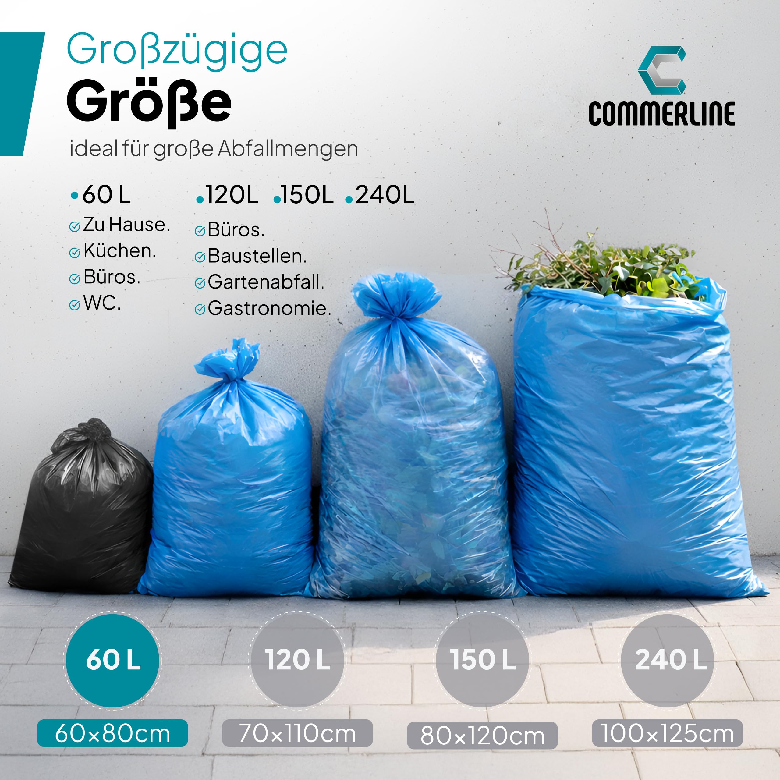 Commerline Müllsäcke 60 L – 200 Stück, Schwarz, 60x80 cm | Reißfest & Auslaufsicher | Für Haushalt, Büro, Gewerbe & Gastronomie