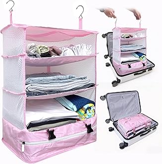 Grand Fusion Stow-N-Go Packing Organizer for Luggage, Portable Hanging Travel Shelves, Carry-On Closet, Hanging Packing Cubes, Collapsible Carry-On Organizer for Cruises & Hotels Pink - XL