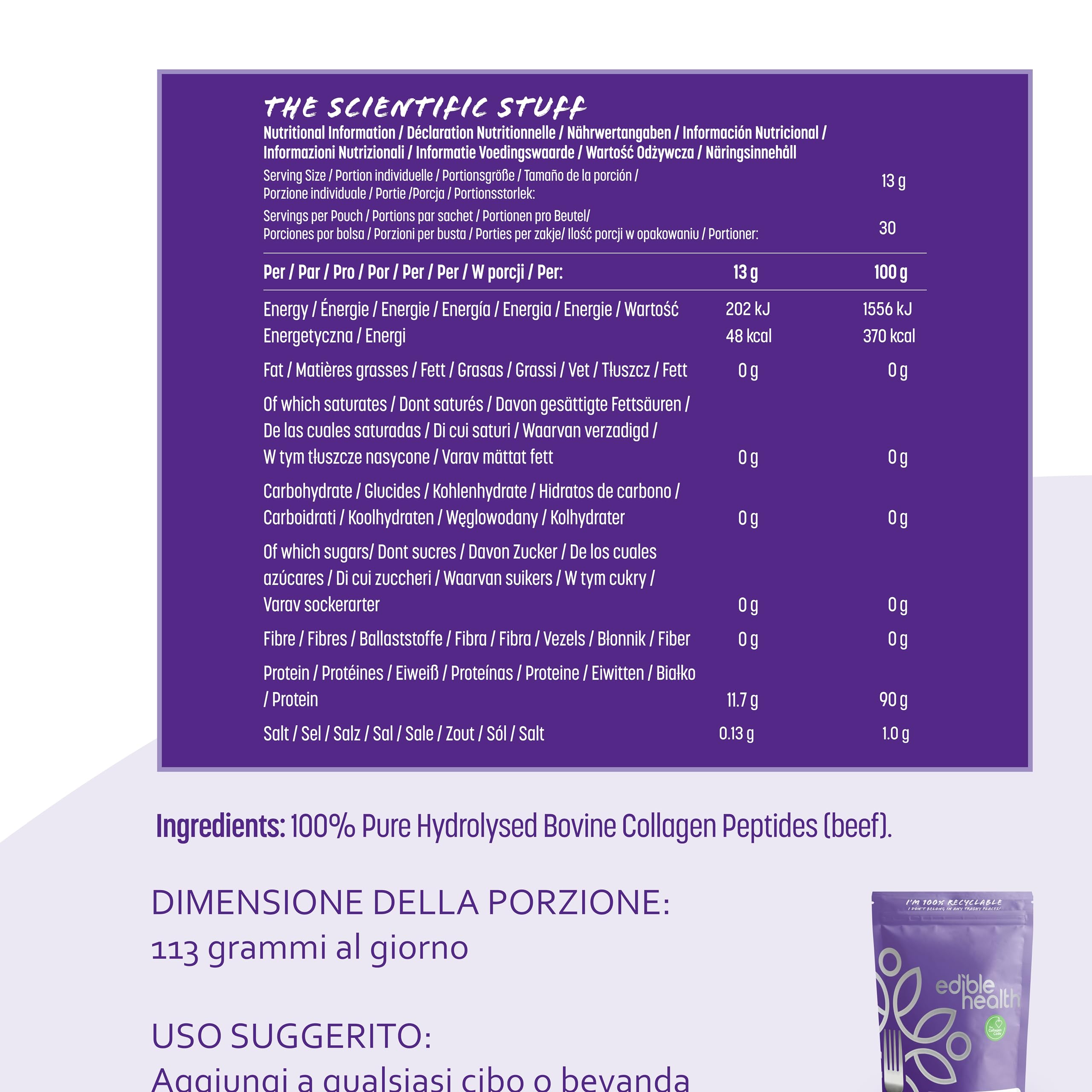 Edible Health Proteine in polvere, collagene idrolizzato, tipo 1 e 3, 1 KG | Proteine In Polvere A Base Di Collagene Idrolizzato, Con 18 Aminoacidi, Tipi 1 E 3; Per Diete Paleo E Keto; Kosher E Halal.