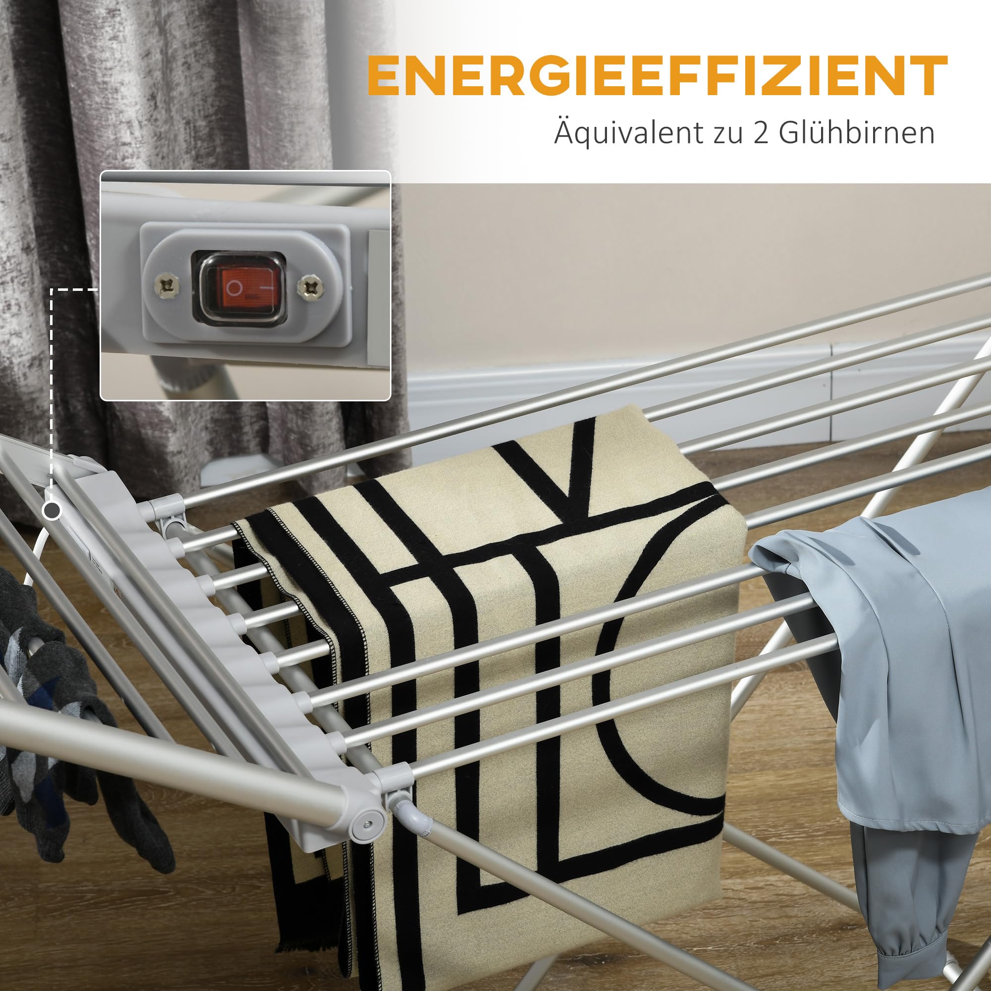 HOMCOM Elektrischer Wäscheständer Klappbar Wäscheständer 144 x 53 x 91 cm | Beheizbarer Wäschetrockner, Einstellbare Temperatur, Aluminium