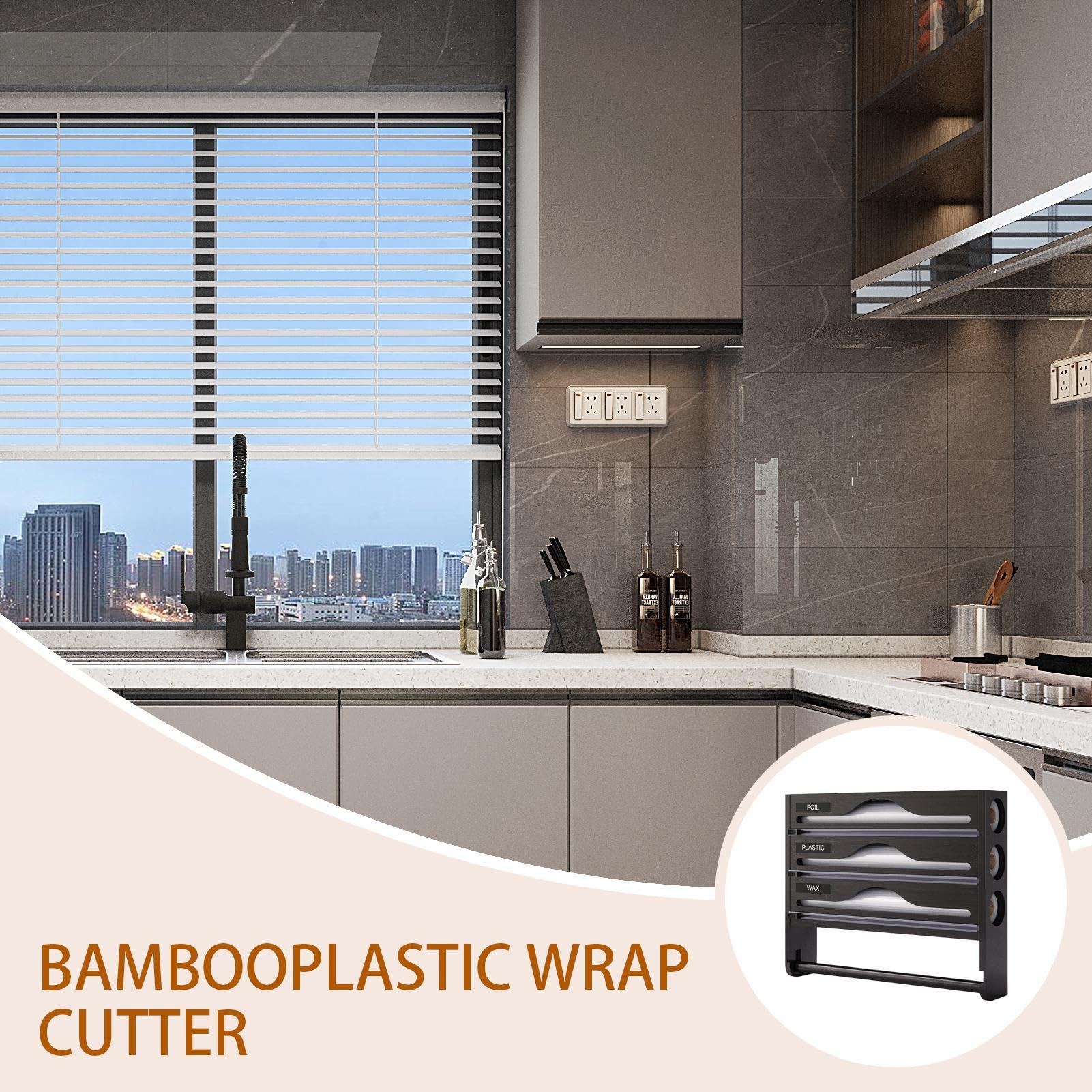 Organizador de película con cúter – Portadispenser organizado para envolver – Contenedor organizador reutilizable ahorro espacio para cocina, casa, pared despensa