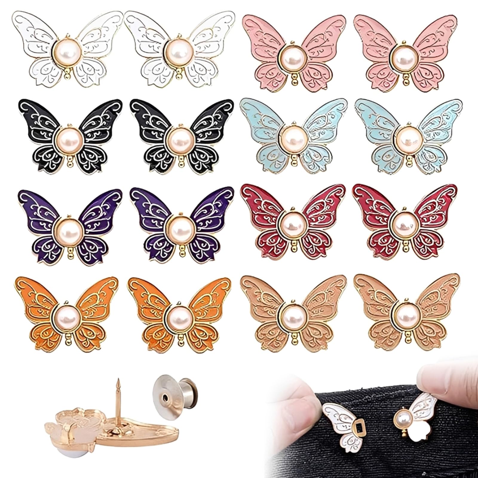 YcsRnn 16Pc Butterfly Jeans Waist Tightener,Reusable No Sew Jean Waistband Tightener Clips, Removable Clothes Tightening Adjuster Clips for Dress Blouses Jackets