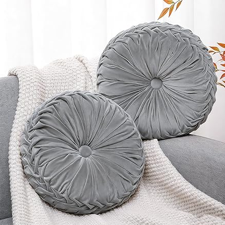 HIG Set of 2 Decorative Round Pleated Throw Pillows, Classy Accent Pumpkin Throw Pillows with Center Button, Vintage Velvet Floor Pillows for Sofa Couch Vanity Chair Bed, Navy, 14.5" Diameter(Ripple)