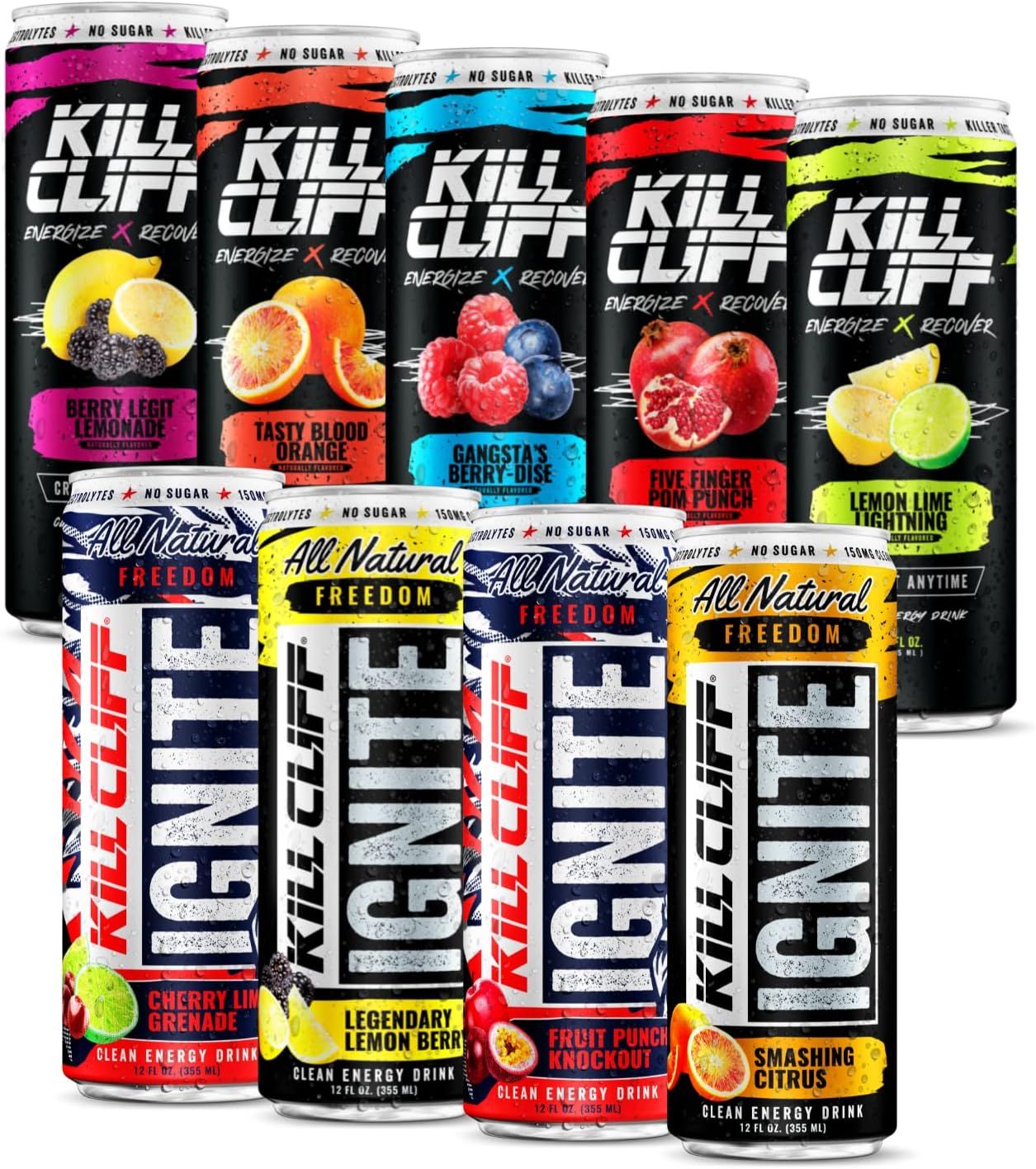 KILL CLIFF Recovery & Ignite Clean Energy Drinks | Electrolytes & B Vitamins | Natural Energy Drinks | Zero Sugar | Keto | 12 Pack (Sampler Pack 2)