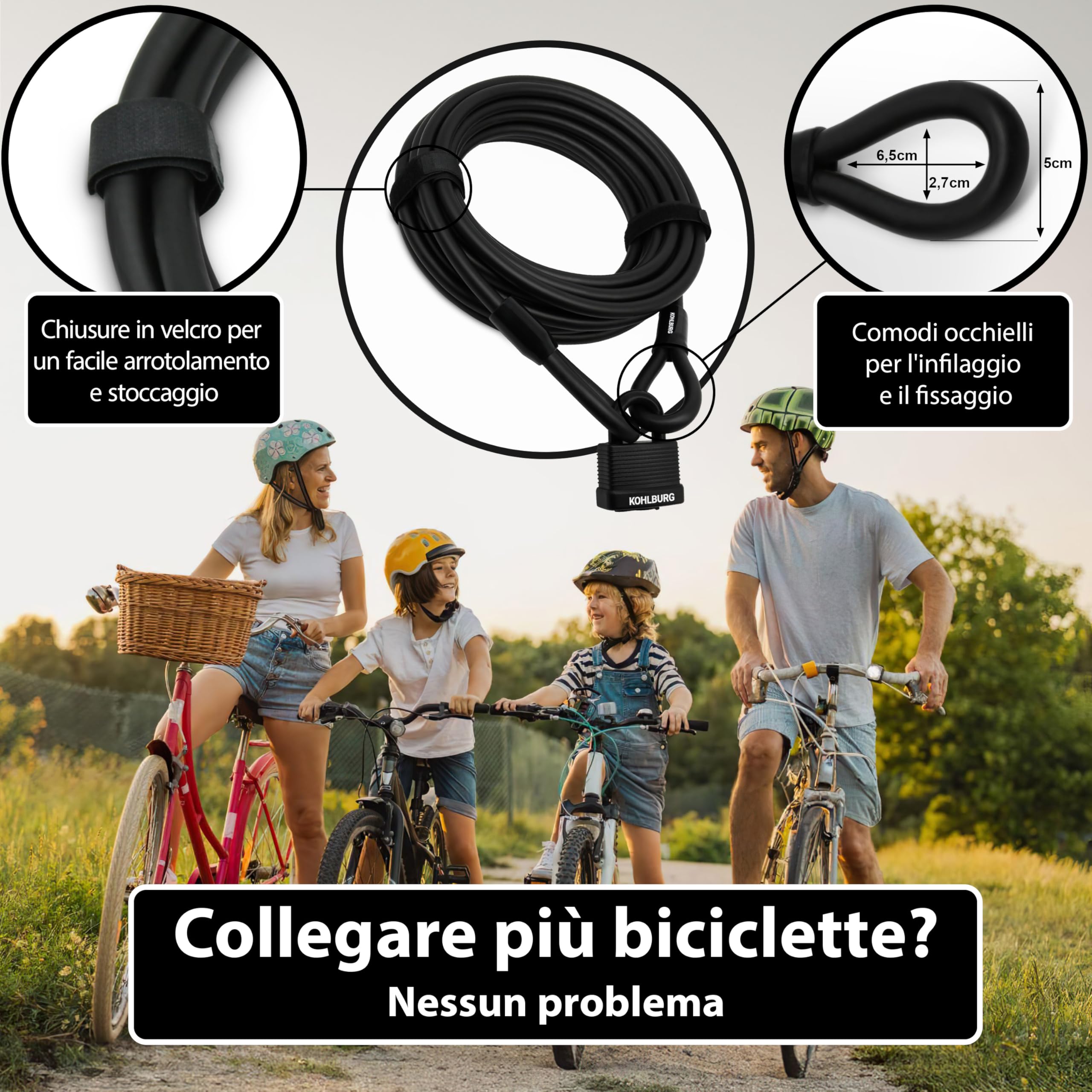 KOHLBURG cavo antifurto da 10 metri – lucchetto per bicicletta con 3 chiavi – chiusura a pressione – cavo in acciaio da 10 m come antifurto per bici, rimorchi, passeggini e mobili da giardino