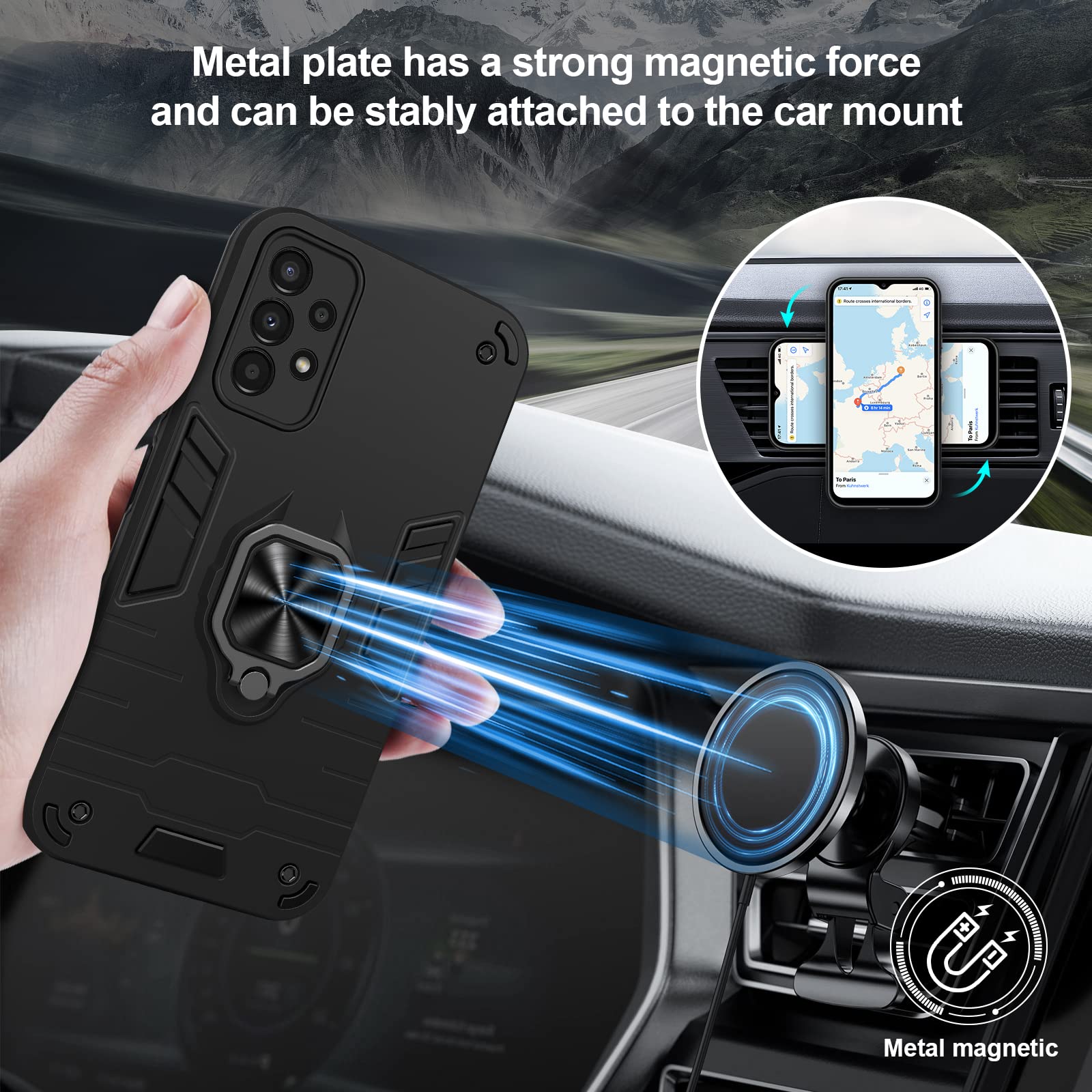 Funda para Samsung Galaxy A13 4G con Cristal Templado Protector Pantalla, Carcasa Antigolpes con Soporte anular metálico, Case Protectora de Grado Militar, Negro — view 3