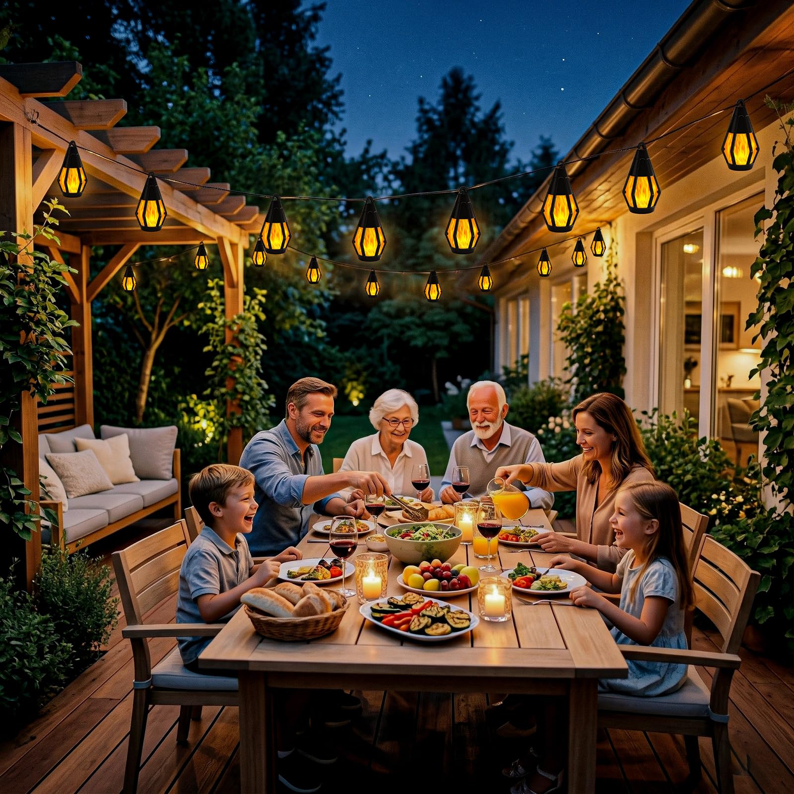 Solar-Lichterkette für den Außenbereich, 15 LEDs, warmweiße Flamme, 15 m | Wasserdichte Solar-Lichterkette für den Außenbereich, Baum, Halloween, Terrasse, Garten, Veranda, Party-Dekorationen