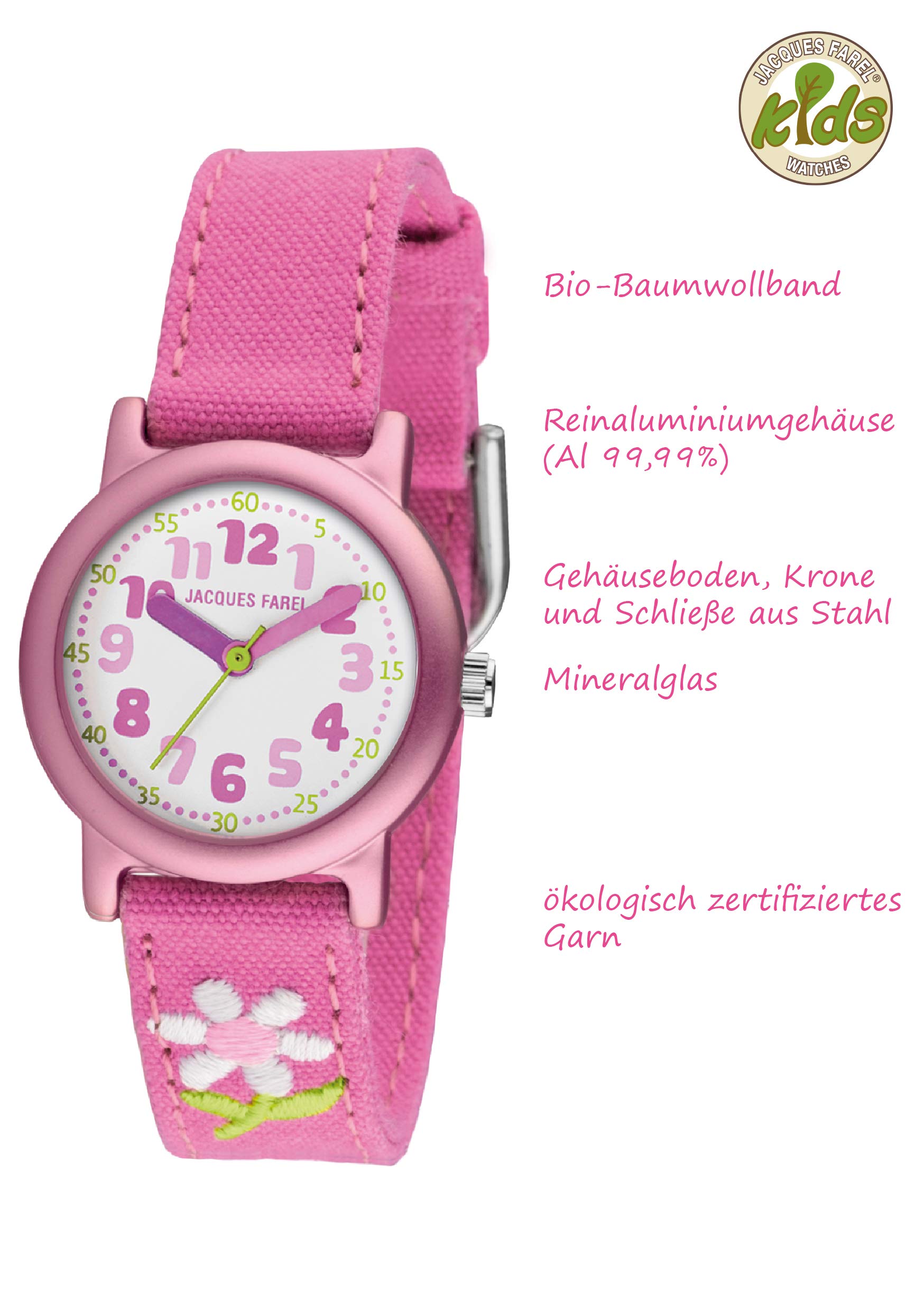 JACQUES FAREL Öko-Kinderuhr Mädchen Armbanduhr mit Stoffband aus Bio-Baumwolle Analog Quarz Blume Rosa Pink ORG 1111