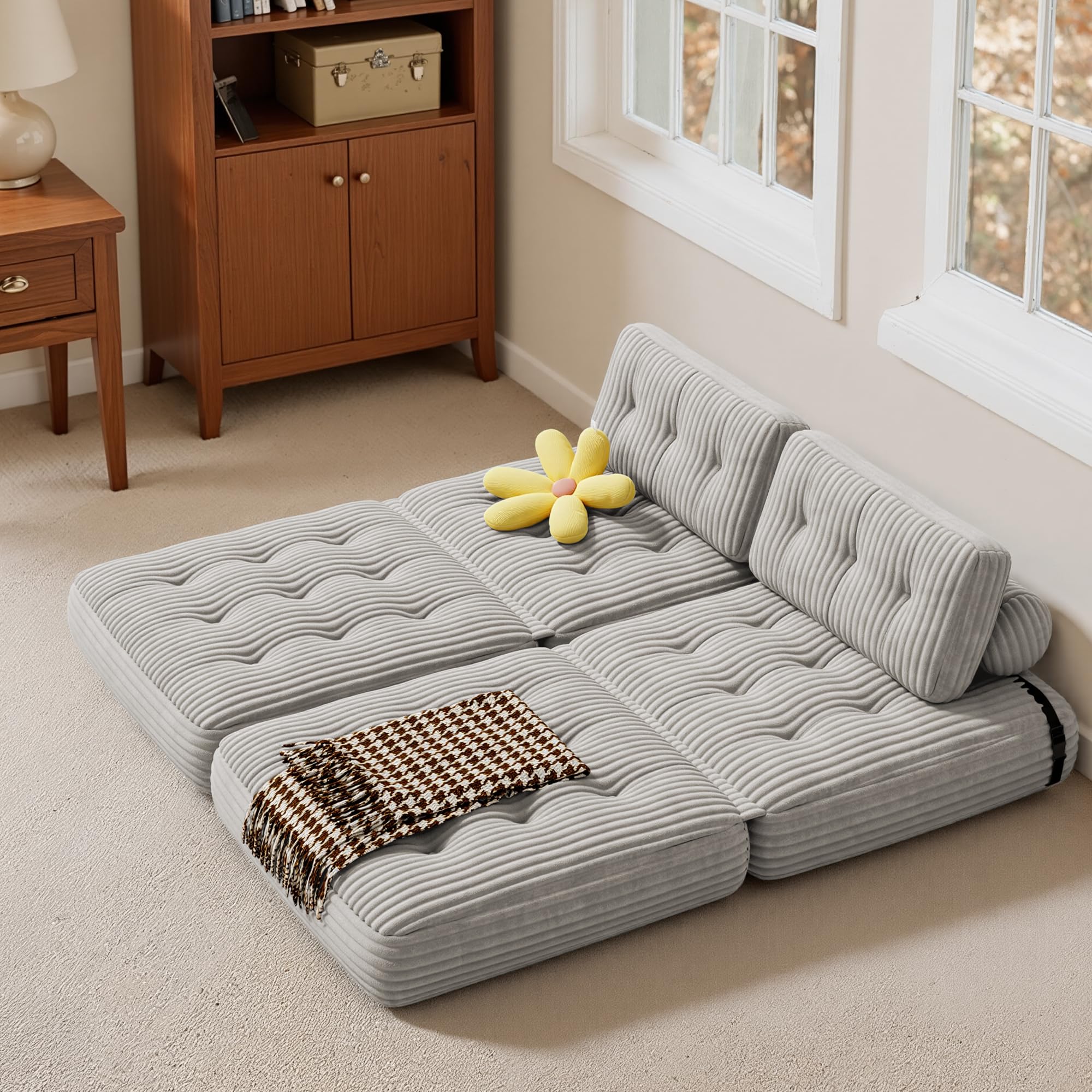 Xbro Składana sofa rozkładana z oparciem, przenośny fotel rozkładany w łóżku 2 w 1 do małych przestrzeni, sztruksowa tkanina z wypełnieniem piankowym, 190 x 85 cm rozłożony (jasnoszary)