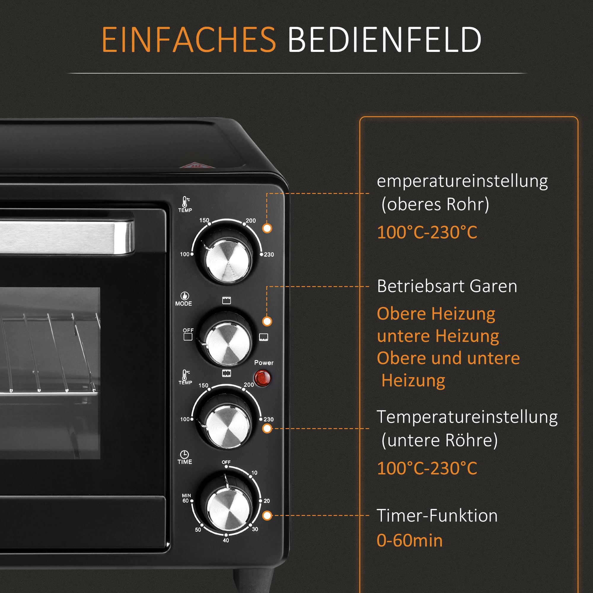 HOMCOM Mini Backofen 32L 100 °C-230 °C 1600 W Mini Ofen mit Backblech Krümelblech Grillrost und 3 Kochmodi Pizzaofen mit Timer Backblech-Griff Edelstahl Schwarz